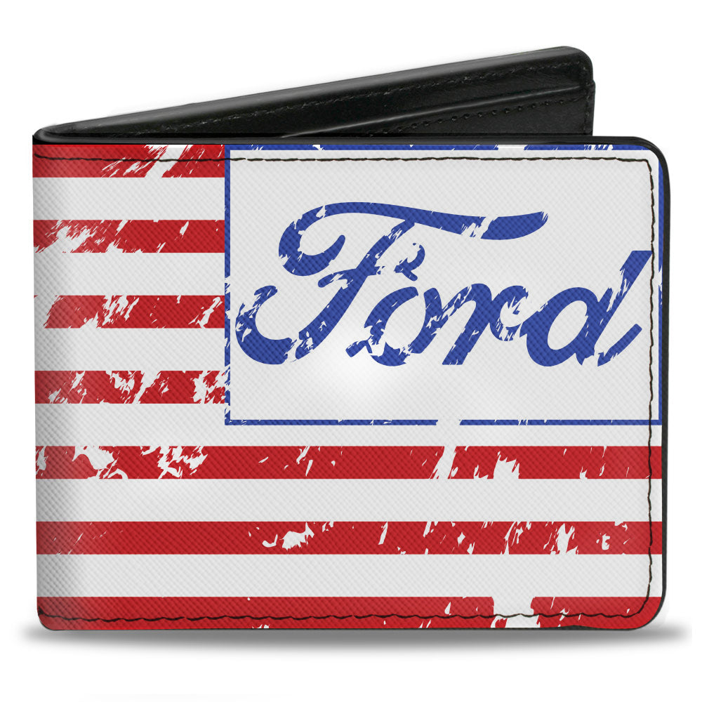 Ford Script American Flag Weathered Red White & Blue Bi-Fold Wallet