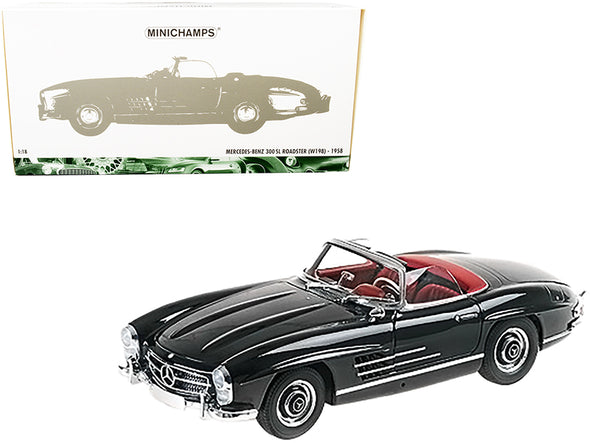 1958 Mercedes Benz 300 SL (W198) Roadster Black with Red Interior 1/18 Diecast Model Car by Minichamps