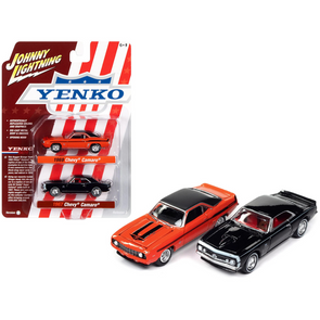 1969-camaro-hugger-orange-and-1967-camaro-black-yenko-1-64-diecast-model-car-set