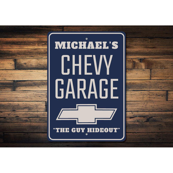 Personalized Chevy Garage The Guy Hideout - Aluminum Sign
