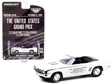 1969 Chevrolet Camaro Convertible Pace Car White with Black Stripes The United States Grand Prix Watkins Glen (New York) October 5 (1969) "Hobby Exclusive" 1/64 Diecast Model Car by Greenlight