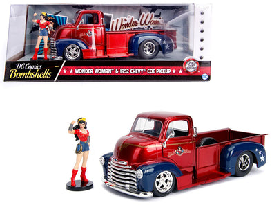 1952-chevrolet-coe-pickup-truck-red-blue-w-wonder-woman-figure-1-24-diecast