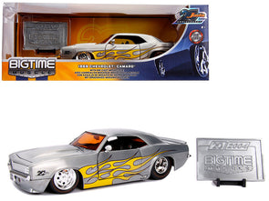 1969 Chevrolet Camaro Raw Metal with Yellow Flames "Bigtime Muscle" "Jada 20th Anniversary" 1/24 Diecast Model Car by Jada
