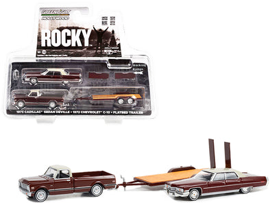 1972 Chevrolet C-10 Pickup Truck Brown with 1973 Cadillac Sedan DeVille Brown (Rocky's) and Flatbed Trailer "Rocky" (1976) Movie "Hollywood Hitch & Tow" Series 10 1/64 Diecast Model Cars by Greenlight