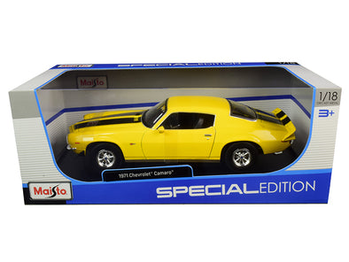 1971-chevrolet-camaro-yellow-with-black-stripes-1-18-diecast-model-car-by-maisto