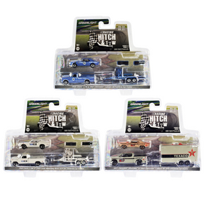 "Racing Hitch & Tow" Set of 3 1/64 Diecast Model Cars by Greenlight (Chevrolet and Ford)