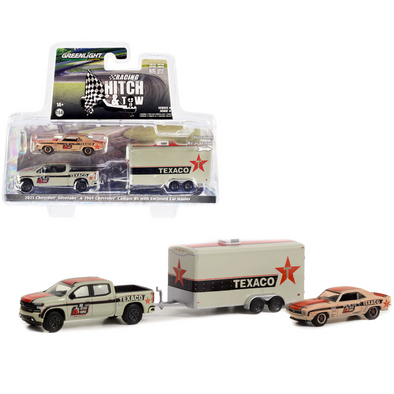 2021 Silverado Pickup and 1969 Camaro RS #18 Texaco with Enclosed Car Trailer 1/64 Diecast Model Cars