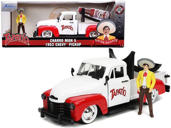 1953-chevrolet-pickup-truck-white-red-w-charro-man-figurine-1-24-diecast