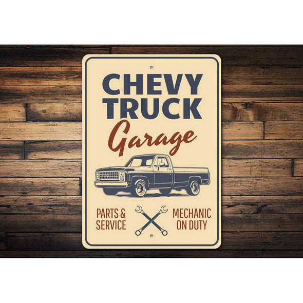 Chevy Truck Garage Mechanic On Duty - Aluminum Sign