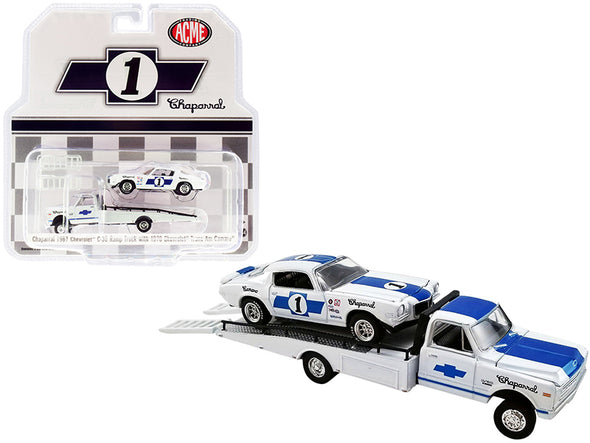1967 Chevrolet C-30 Ramp Truck with 1970 Chevrolet Trans Am Camaro #1 White with Blue Stripes "Chaparral" "Acme Exclusive" 1/64 Diecast Model Cars by Greenlight for ACME