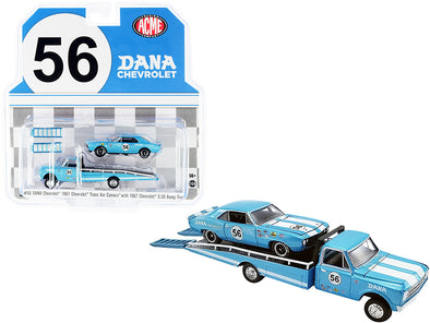 1967 Chevrolet C-30 Ramp Truck with 1967 Chevrolet Trans Am Camaro #56 "Dana" Light Blue Metallic "ACME Exclusive" 1/64 Diecast Model Cars by Greenlight for ACME
