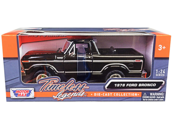 1978 Ford Bronco Custom (Open Top) Black "Timeless Legends" Series 1/24 Diecast Model Car by Motormax