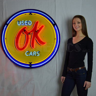 Chevy OK Used Cars Neon Sign in a 36" Steel Can