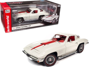1967 Chevrolet Corvette 427 Coupe White with Red Stinger Stripe and Red Interior 1/18 Diecast Model Car by Auto World