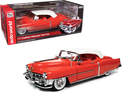 1953 Cadillac Eldorado Soft Top Aztec Red with White Top and Red Interior 1/18 Diecast Model Car by Autoworld