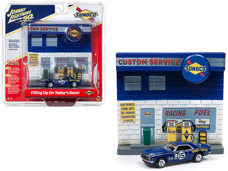 1967-chevrolet-camaro-15-sunoco-with-sunoco-exterior-service-gas-station-facade-diorama-set-johnny-lightning-50th-anniversary-1-64-diecast-model-car-by-johnny-lightning