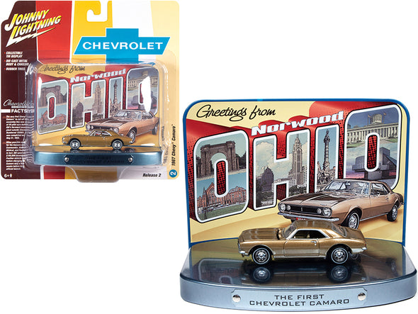 1967-chevrolet-camaro-gold-with-gold-interior-with-collectible-tin-display-the-first-chevrolet-camaro-greetings-from-norwood-birth-place-of-the-camaro-1-64-diecast-model-car-by-johnny-lightning