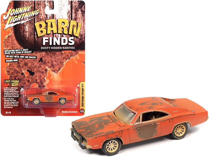 1969-dodge-charger-r-t-orange-unrestored-barn-finds-1-64-diecast-model-car-by-johnny-lightning