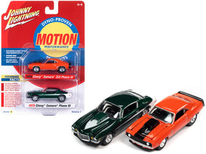 1969-chevrolet-camaro-zlx-phase-iii-hugger-orange-with-black-stripes-and-1973-chevrolet-camaro-phase-iii-dark-green-metallic-and-white-baldwin-motion-set-of-2-cars-1-64-diecast-model-cars-by-johnny-lightning