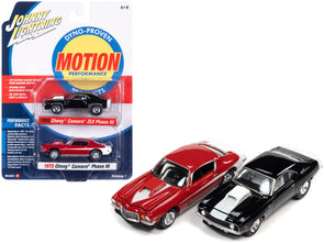 1969-chevrolet-camaro-zlx-phase-iii-black-with-white-stripes-and-1973-chevrolet-camaro-phase-iii-medium-red-and-white-baldwin-motion-set-of-2-cars-1-64-diecast-model-cars-by-johnny-lightning